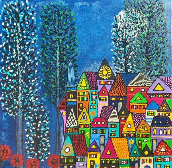 Peinture d'un village coloré entouré de grands arbres bleus sur fond bleu nuit