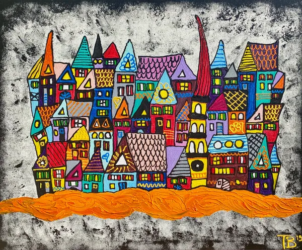 Peinture d'une ville colorée posée sur une île orange sur fond gris texturé