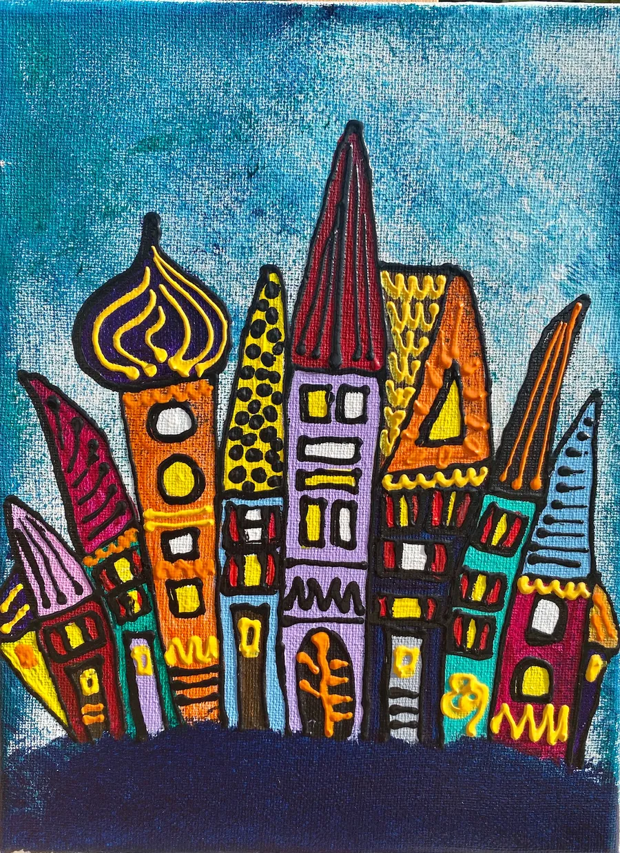 Peinture de maisons aux toits en flamme sur fond turquoise nocturne