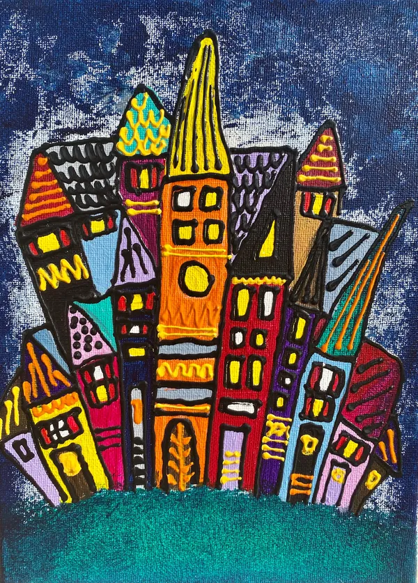 Peinture de clochers et tours colorés sur fond bleu nuit et socle vert