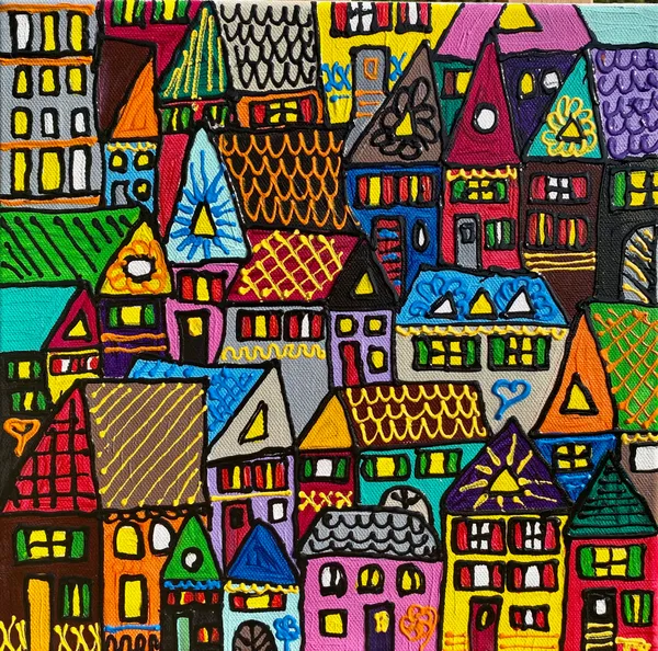 Peinture d'une ville dense vue de dessus avec des toits multicolores et variés