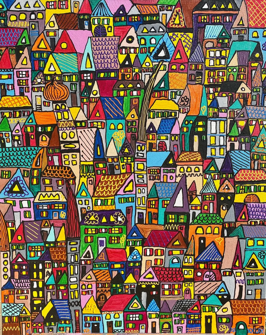 Peinture d'une ville dense avec un dôme orange proéminent parmi des maisons multicolores