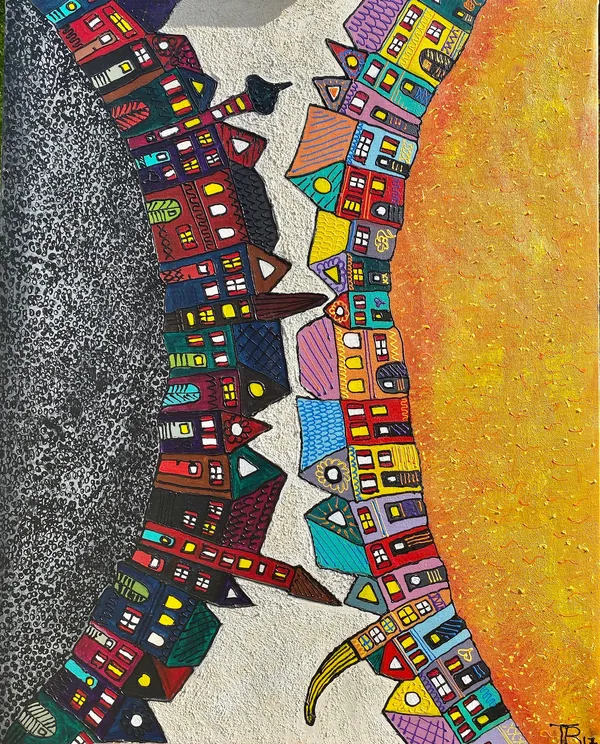 Peinture de maisons colorées formant un arc entre ombre noire et soleil orange