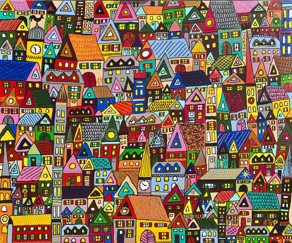 Grande peinture d'une ville très dense avec des centaines de maisons multicolores