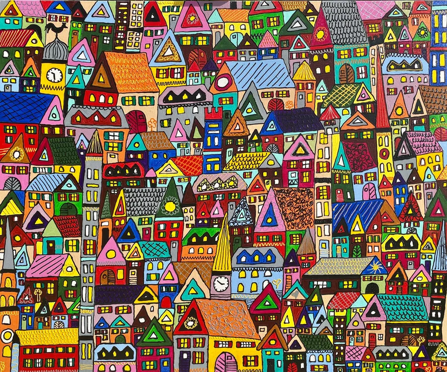 Grande peinture d'une ville très dense avec des centaines de maisons multicolores