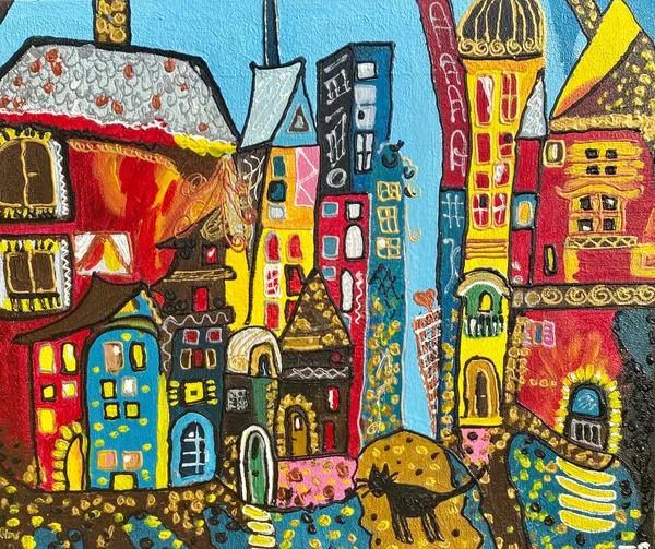 Peinture d'un chat noir se promenant dans une rue de maisons colorées