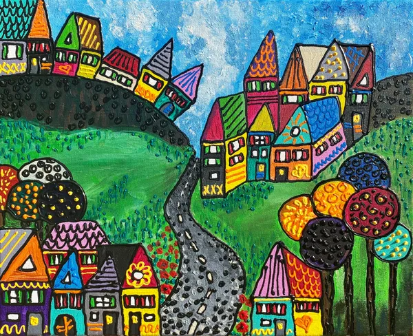 Peinture d'un village coloré sur des collines vertes avec un chemin et des arbres ronds