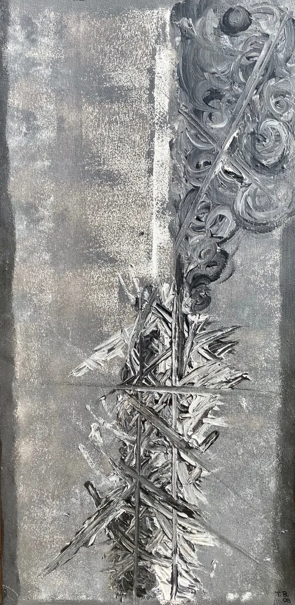 Peinture abstraite verticale avec spirales et textures argentées