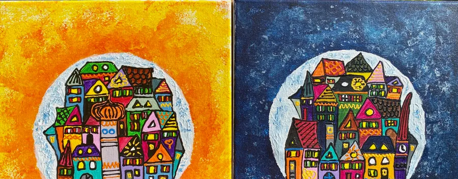 Diptyque de deux villes dans des bulles, l'une sur fond orange et l'autre sur fond bleu nuit