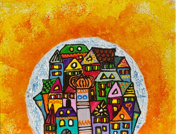 Peinture d'une ville colorée dans une bulle blanche sur fond orange soleil
