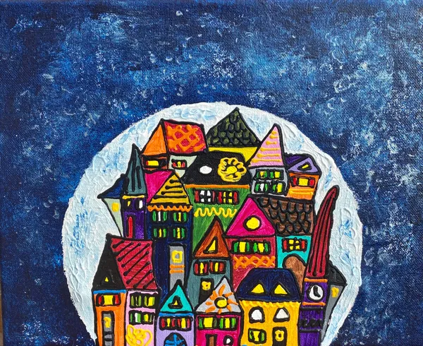 Peinture d'une ville colorée dans une bulle lunaire sur fond bleu nuit