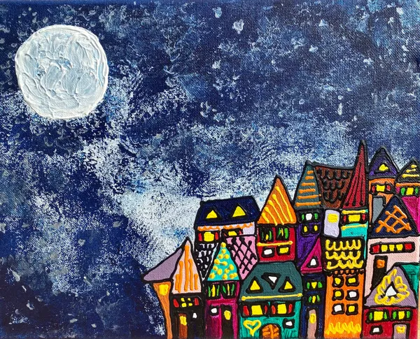 Peinture d'un petit village coloré sous un ciel nocturne bleu avec pleine lune