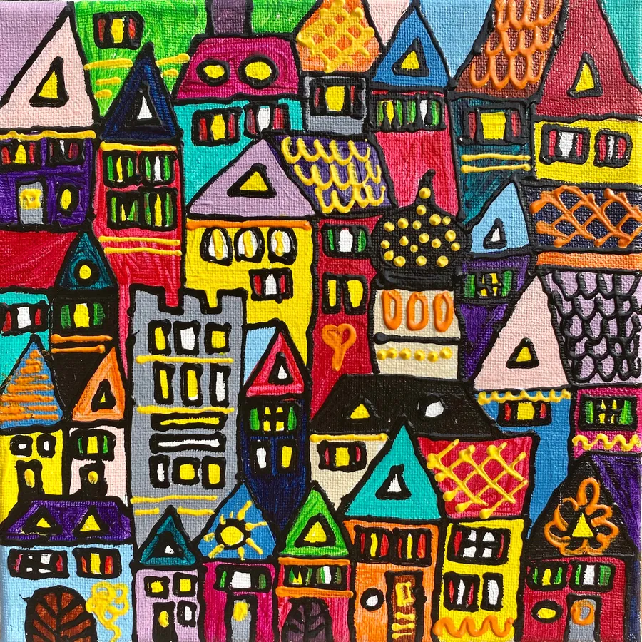 Petite peinture d'une ville dense aux tons rouges et turquoise