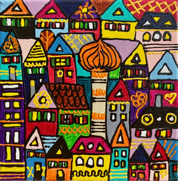 Petite peinture d'une ville dense avec dôme en oignon orange au centre