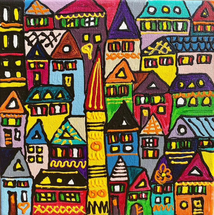 Petite peinture d'une ville dense aux tons violets avec clocher et horloge