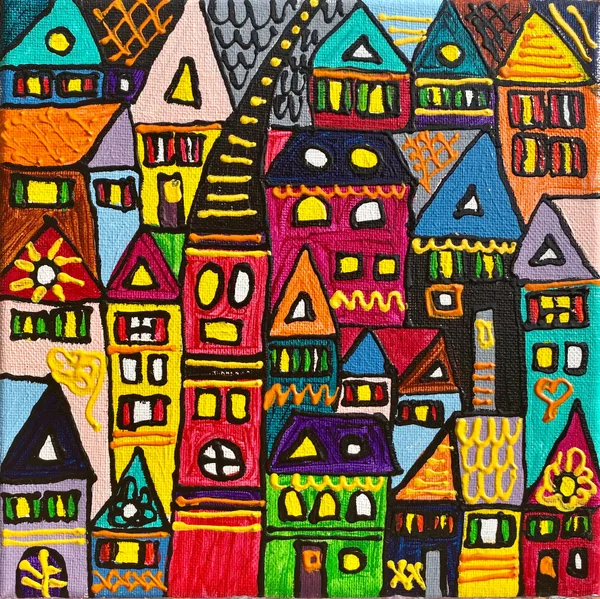 Petite peinture d'une ville dense aux tons roses et turquoise