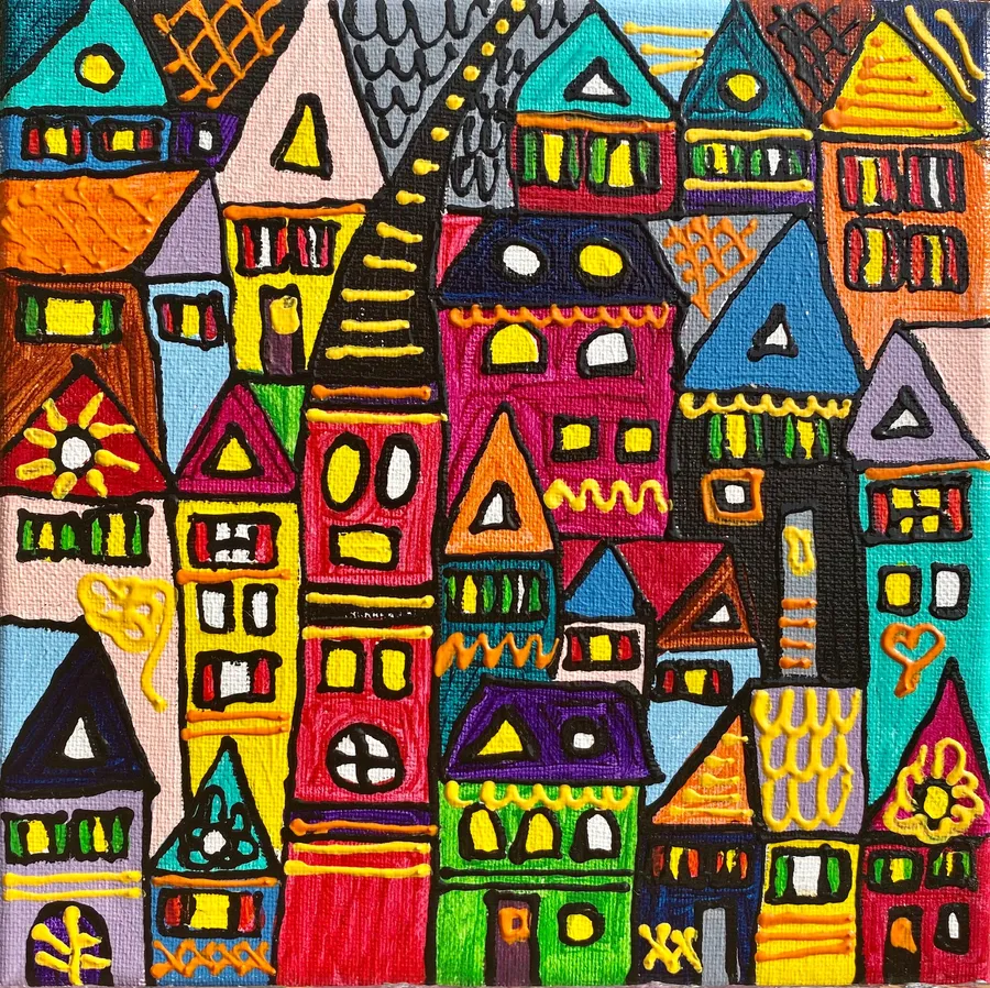 Petite peinture d'une ville dense aux tons roses et turquoise