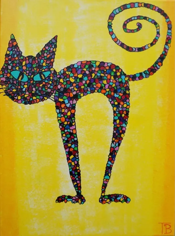 Peinture d'un chat stylisé en mosaïque multicolore sur fond jaune vif