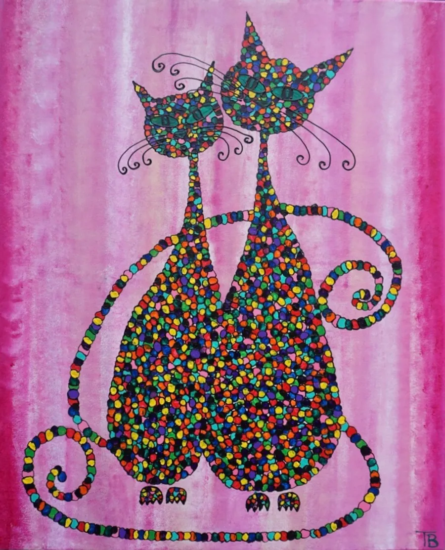 Peinture de deux chats enlacés en mosaïque colorée sur fond rose