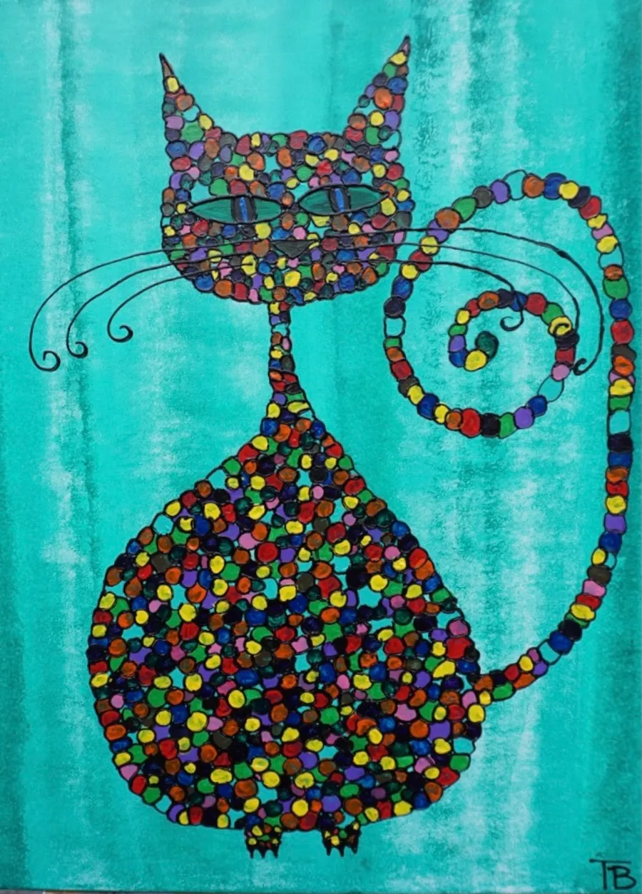 Peinture d'un chat assis en mosaïque multicolore sur fond turquoise