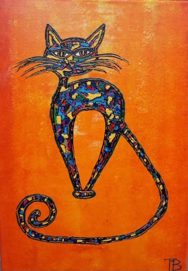 Peinture d'un chat élégant aux motifs bleus et dorés sur fond orange