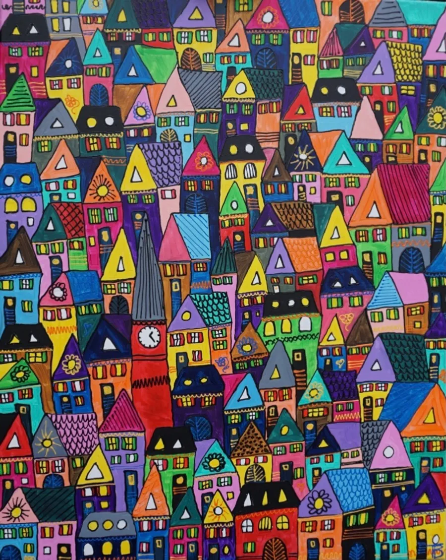 Peinture d'une ville dense vue en plongée avec des maisons multicolores entassées