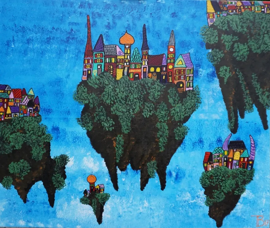 Peinture d'îles flottantes portant des villages colorés dans un ciel bleu