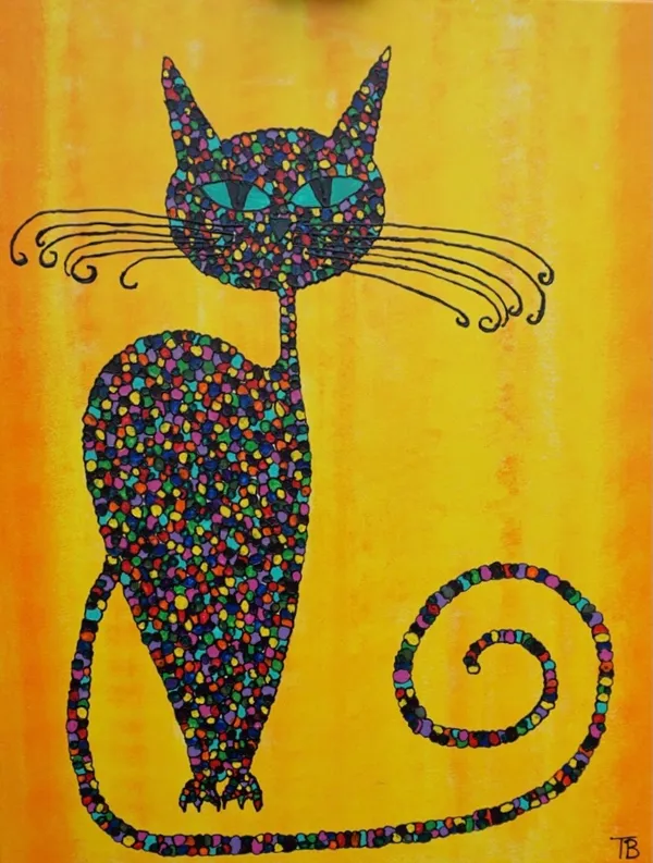Peinture d'un chat assis en mosaïque multicolore aux yeux turquoise sur fond jaune